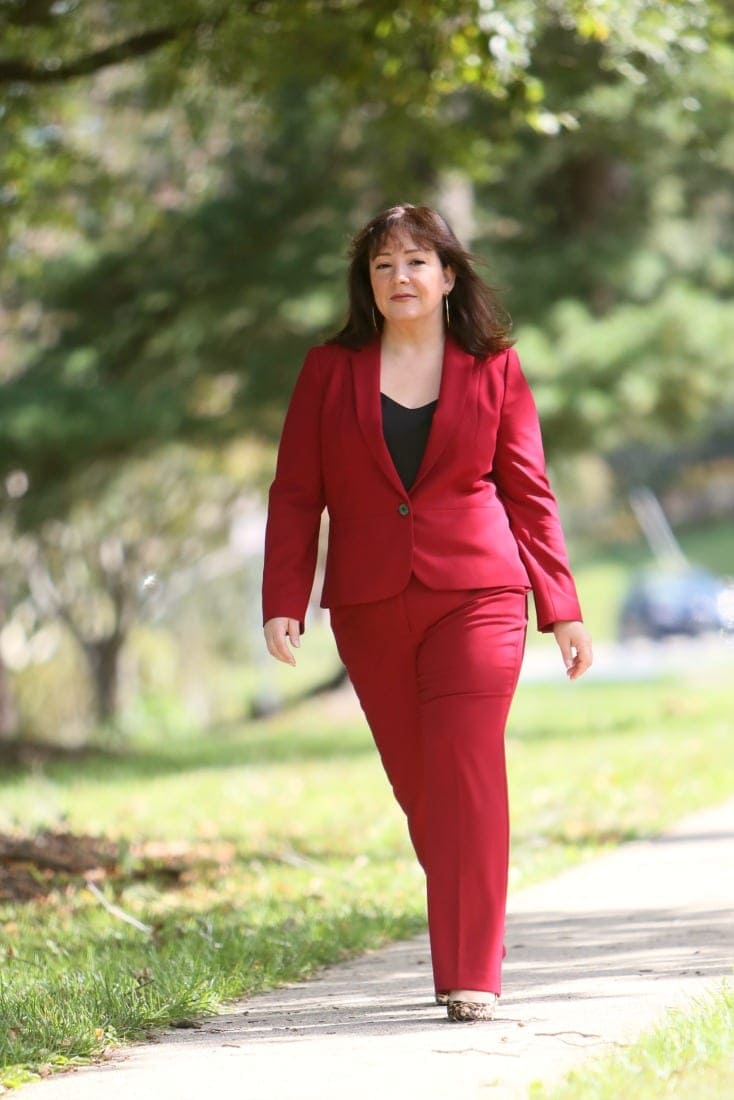 Wardrobe Oxygen in a red pantsuit from Talbots styled with leopard block heel pumps