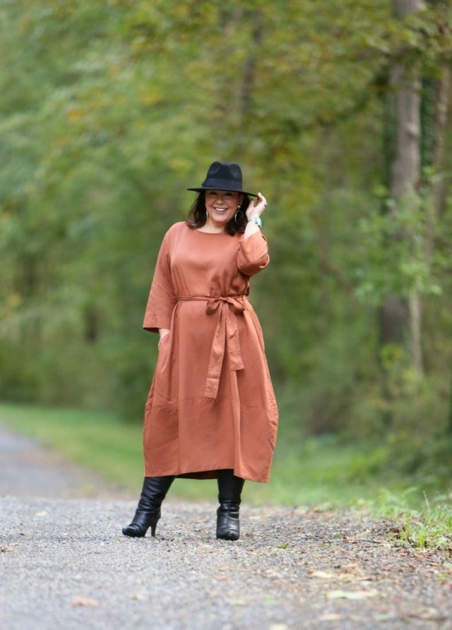 Wardrobe Oxygen in the And Comfort The Cambridge Tie Dress with Jenny Bird Factory Drop Earrings, an Ann Taylor black fedora and black heeled knee-high boots