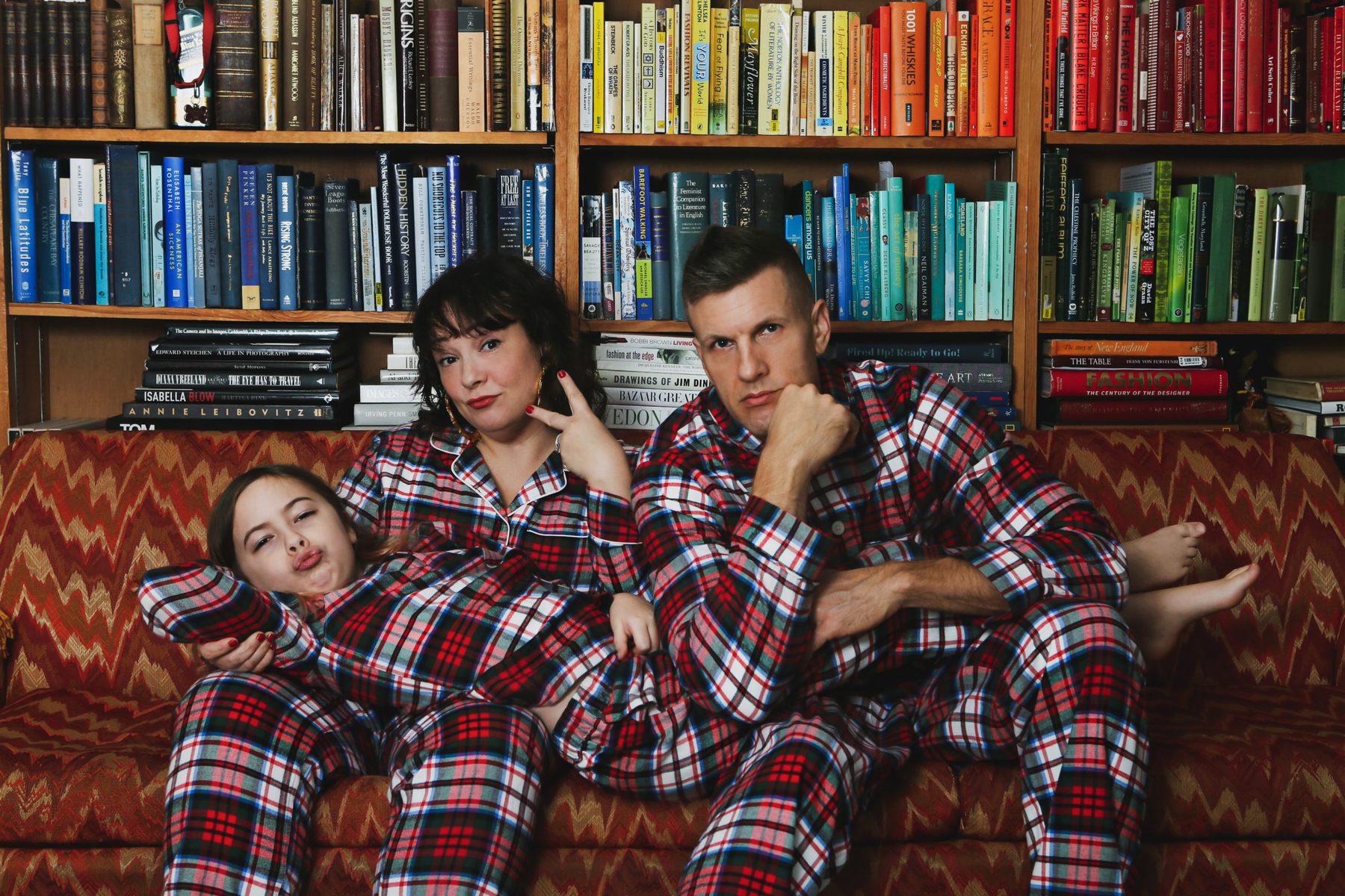 Lands' End plaid flannel pajamas for the whole family as seen on Alison Gary of Wardrobe Oxygen, her husband, and daughter