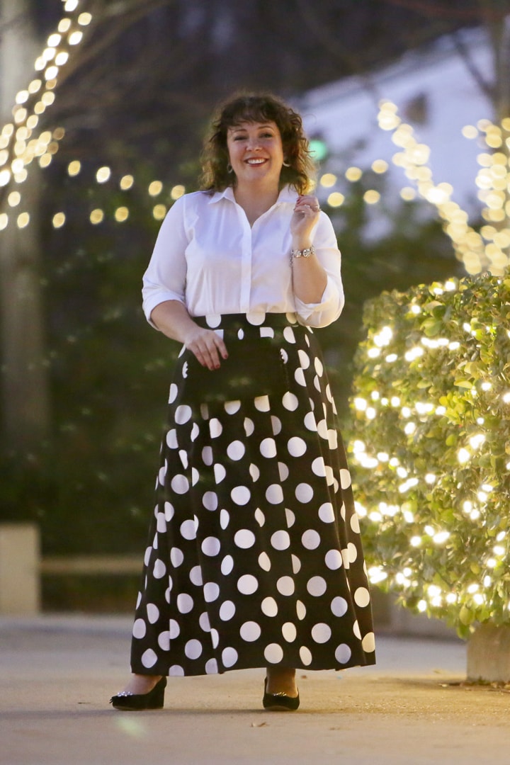 Talbots Dot Maxi Skirt with white shirt and Isa embellished velvet pumps