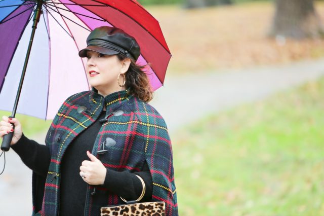 Talbots plaid cape and leopard calf hair ring purse