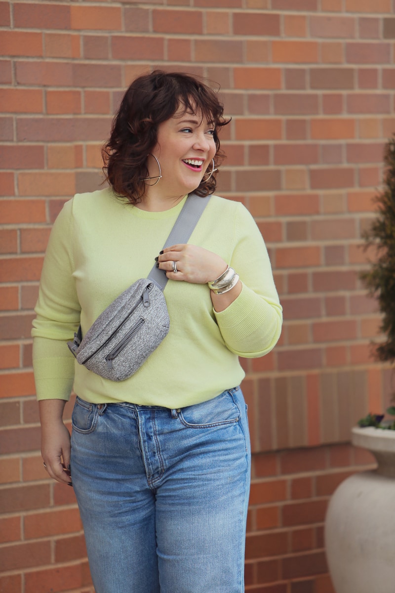 Wardrobe Oxygen with the heather gray Ace Fanny Pack from Dagne Dover with a Citron cashmere crew from Everlane