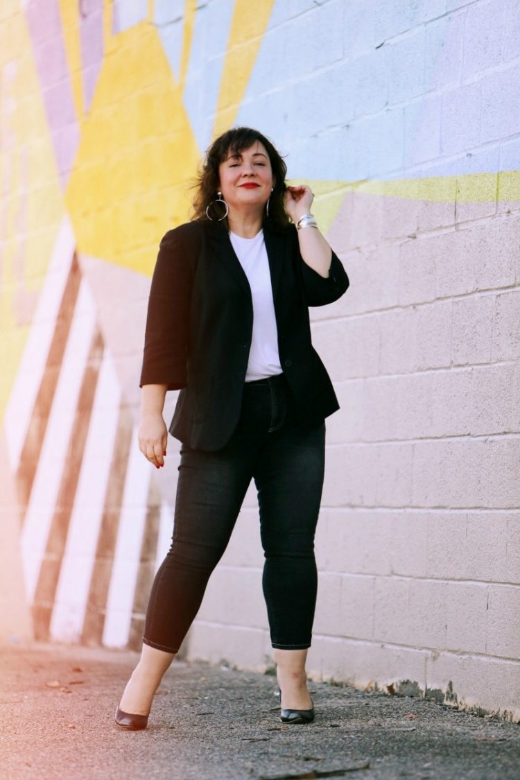 petite Universal Standard Seine skinny jeans, a white t-shirt, and black blazer