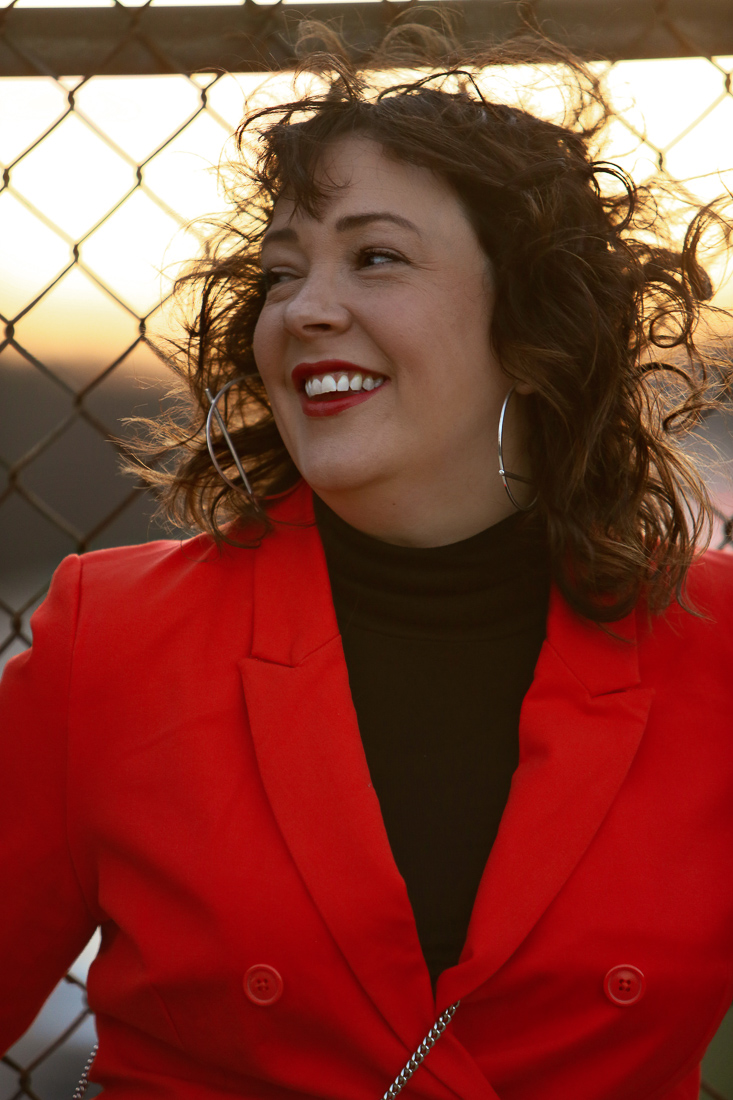 Red double breasted twill pantsuit from 1901 with Universal Standard Foundation turtleneck and black patent ankle booties