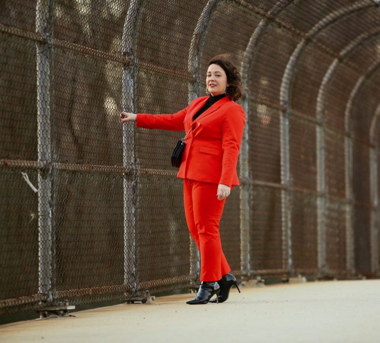 Red double breasted twill pantsuit from 1901 with Universal Standard Foundation turtleneck and black patent ankle booties