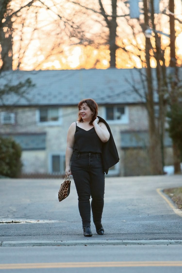 Wardrobe Oxygen in a Talbots Le Smoking jacket, Everlane high waisted jeans, and a Thacker NYC leopard calf hair ring handle purse #40plusstyle