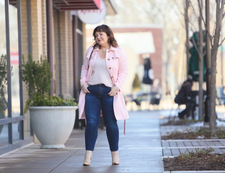 Wardrobe Oxygen in a pink trench coat from Talbots with Mott & Bow cashmere sweater, AG The Prima jeans and nude pumps #moderclassicstyle