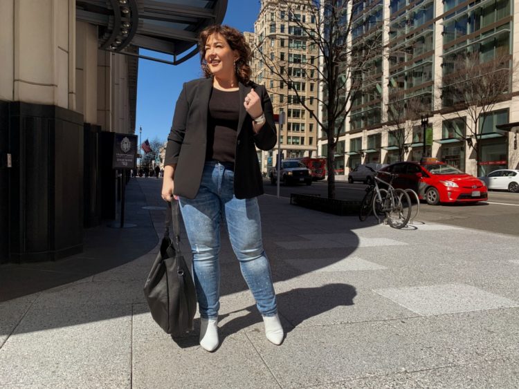 Black Ann Taylor Bi-Stretch one button blazer with Universal Standard Loire ribbed tank and Cabi Cinch Skinny jeans as seen on Wardrobe Oxygen