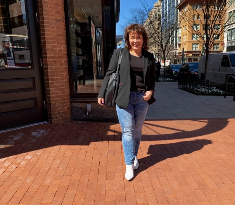 Black Ann Taylor Bi-Stretch one button blazer with Universal Standard Loire ribbed tank and Cabi Cinch Skinny jeans as seen on Wardrobe Oxygen