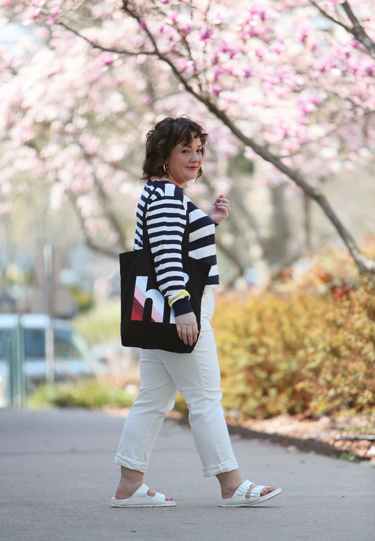 The Ev1 collection by Ellen DeGeneres striped sweater and white high waisted jeans as seen on Alison Gary of Wardrobe Oxygen