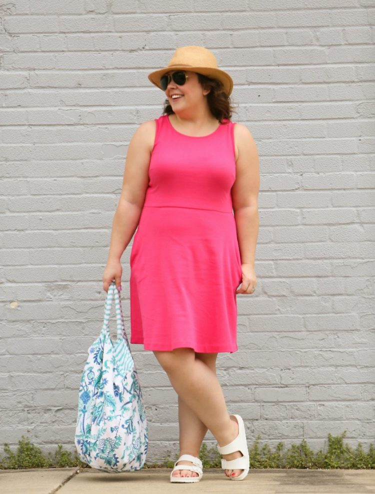 Styling one dress four ways featuring a pink knit fit and flare dress from Talbots with a Roberta Roller Rabbit floral cotton tote, white EVA BIrkenstock Arizona sandals and a straw Panama hat from Banana Republic