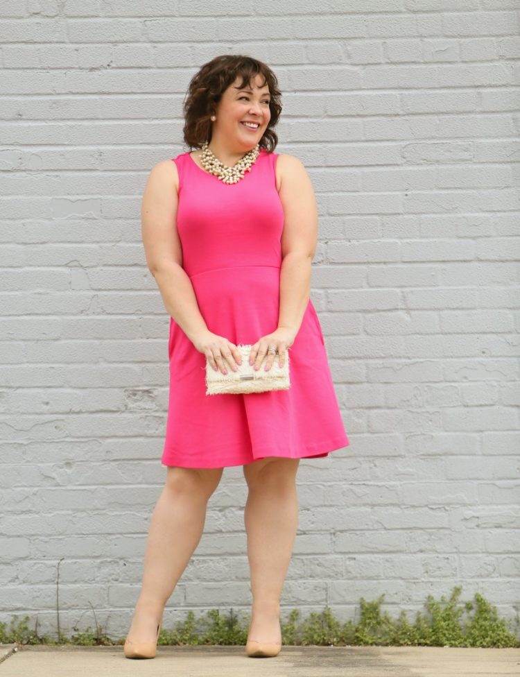 Styling one dress four ways featuring a pink knit fit and flare dress from Talbots with a pearl statement necklace from Stella and Dot and an ivory Loeffler Randall tab clutch purse