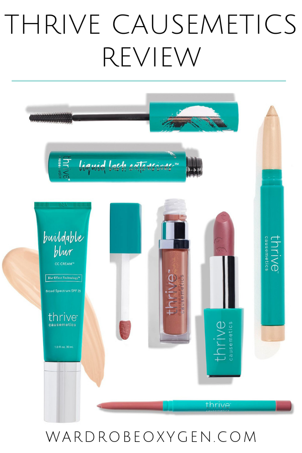 Collage of products from the beauty company Thrive Causemetics with the text thrive Causemetics Review written at the top