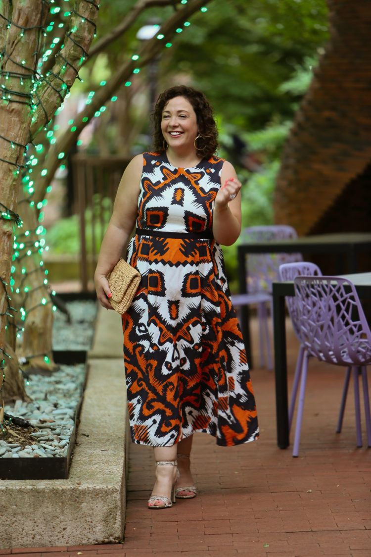 LK Bennett dress from Rent the Runway in an orange and navy print as seen on Alison Gary of Wardrobe Oxygen