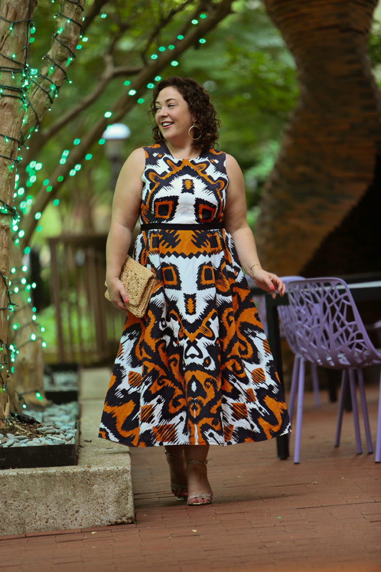 LK Bennett Andrea dress in an orange and navy print as seen on Alison Gary of Wardrobe Oxygen