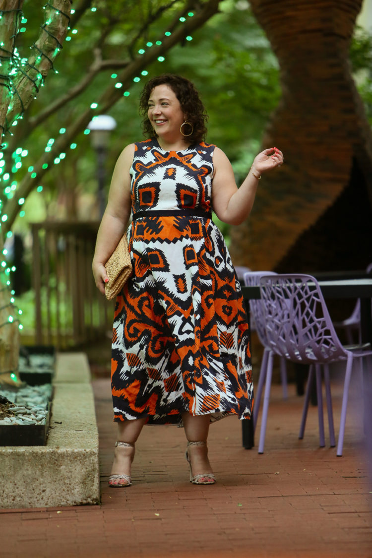 LK Bennett Andrea dress in an orange and navy print as seen on Alison Gary of Wardrobe Oxygen