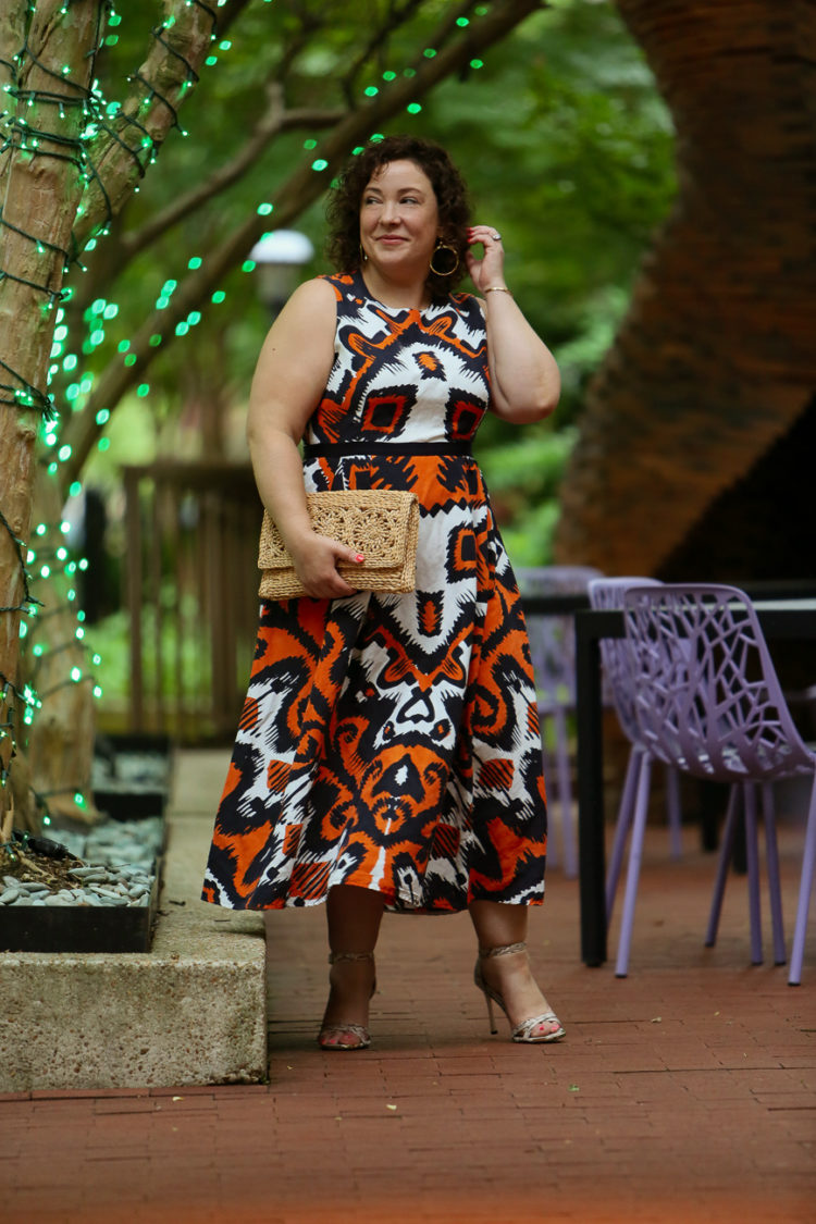 LK Bennett dress from Rent the Runway in an orange and navy print as seen on Alison Gary of Wardrobe Oxygen