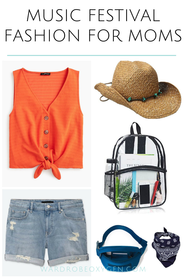 Image shows an orange lightweight sleeveless shirt that buttons up the front and ties at the waist styled with mid length denim shorts, a cowboy hat, a clear backpack, a blue fanny bag, and a navy bandana