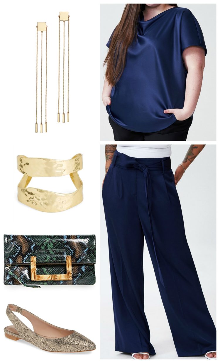 collage of a navy silky tee with navy wide leg silky pants, gold long chain earrings, a gold cuff, blue snakeskin clutch, and gold snakeskin slingback flats