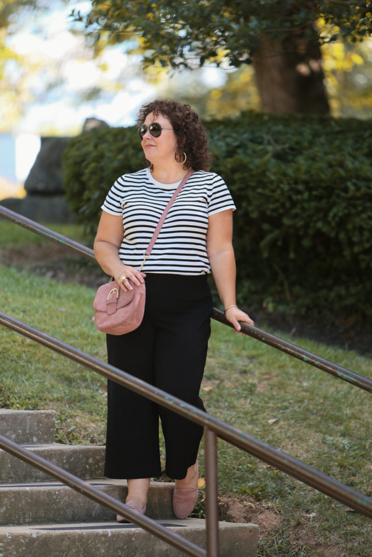 Wardrobe Oxygen in ponte wide leg cropped pants from LOFT with a striped short sleeve sweater and blush colored suede bag from Talbots