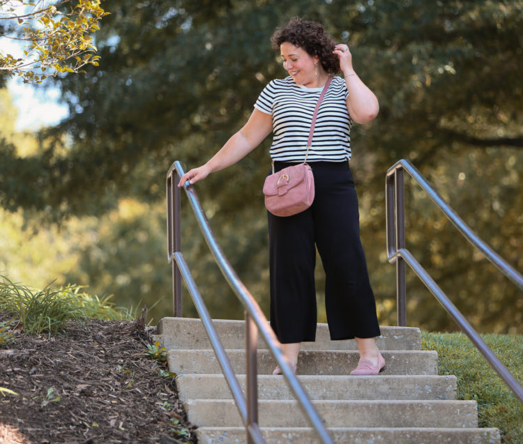 Wardrobe Oxygen in ponte wide leg cropped pants from LOFT with a striped short sleeve sweater and blush colored suede bag from Talbots