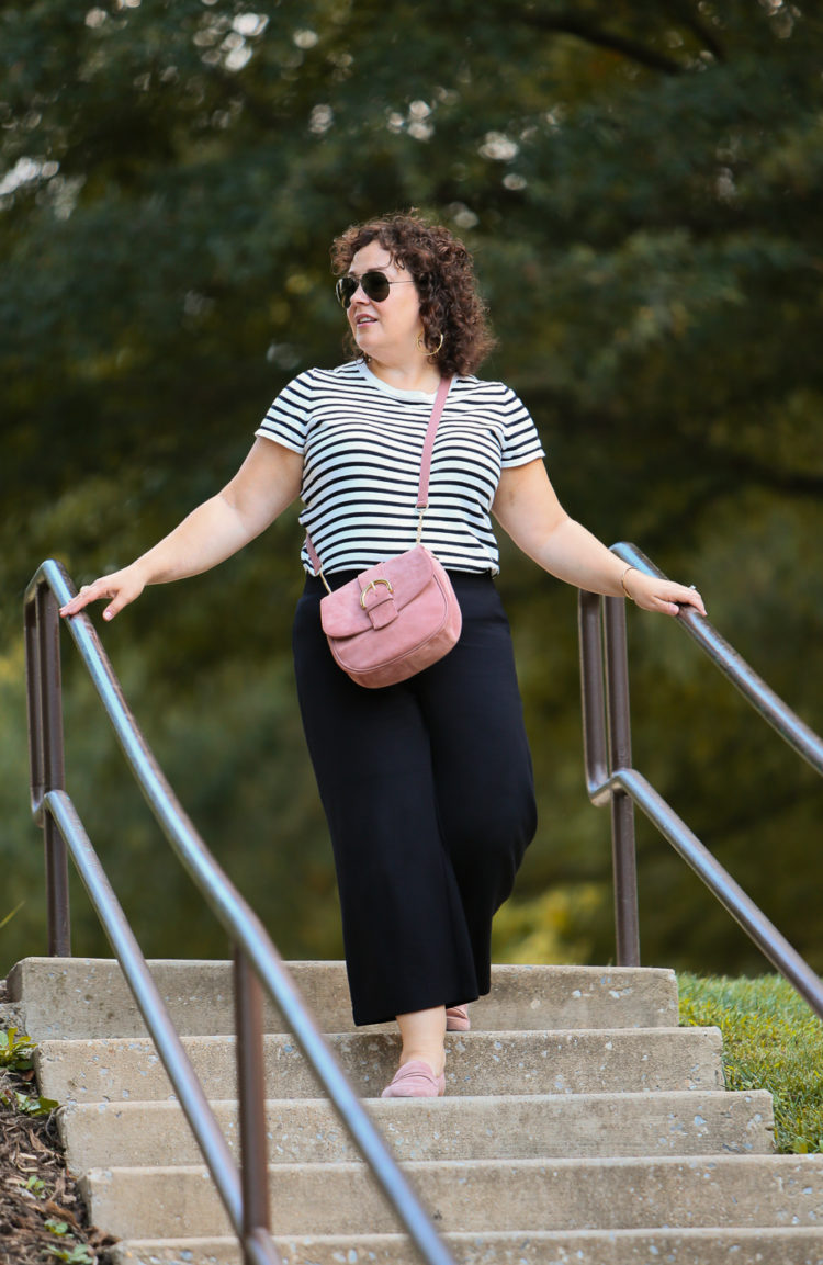 Wardrobe Oxygen in ponte wide leg cropped pants from LOFT with a striped short sleeve sweater and blush colored suede bag from Talbots