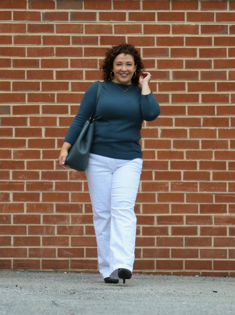 Wardrobe Oxygen dressing for faux fall in a blue coat and sweater from Talbots with white wide-leg high waisted jeans