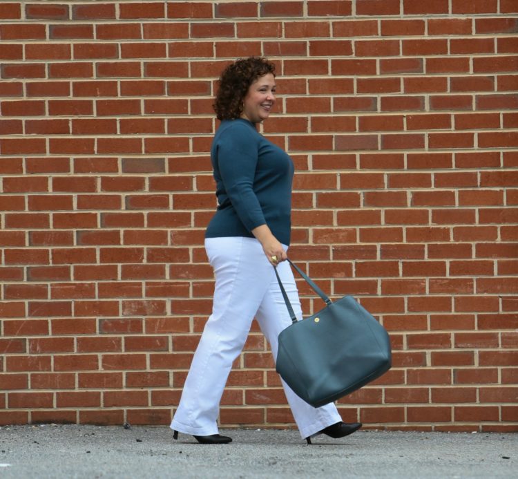 Wardrobe Oxygen dressing for faux fall in a blue coat and sweater from Talbots with white wide leg high waisted jeans