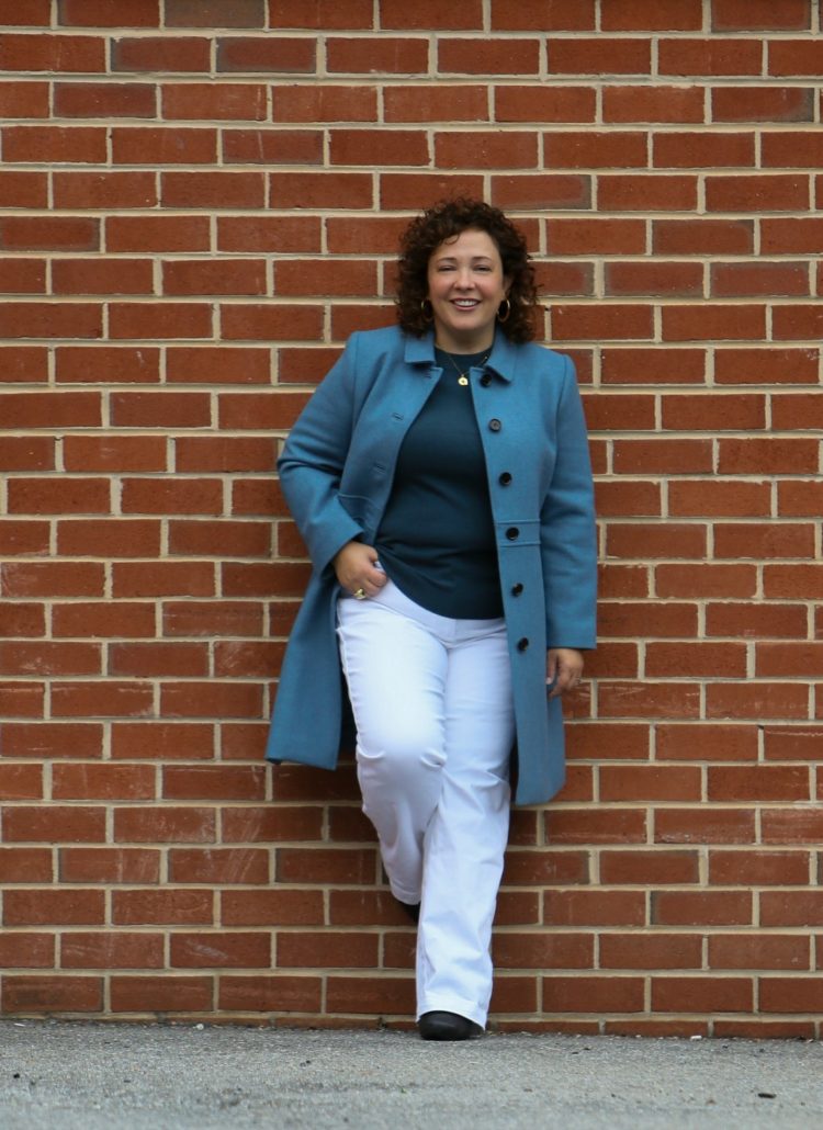 Wardrobe Oxygen dressing for faux fall in a blue coat and sweater from Talbots with white wide leg high waisted jeans