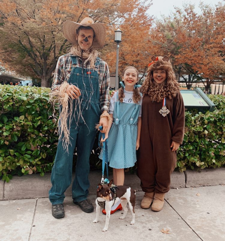 a woman dressed as the cowardly lion, young girl dressed as Dorothy Gale, man dressed as a scarecrow holding onto the leash of a small dog