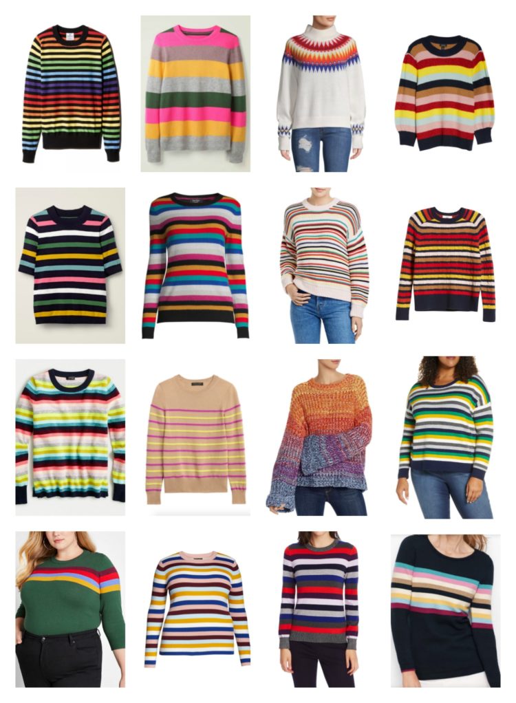 collage of 16 colorful striped sweaters for women