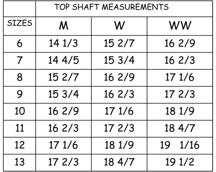 ros hommerson wide calf boot size chart