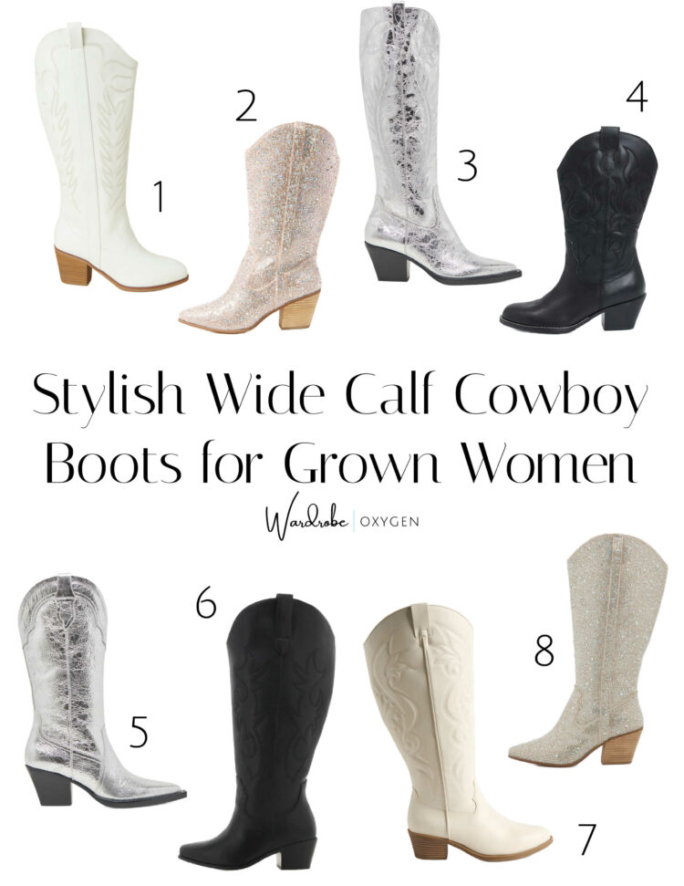 a collage of eight stylish wide calf cowboy boots for women