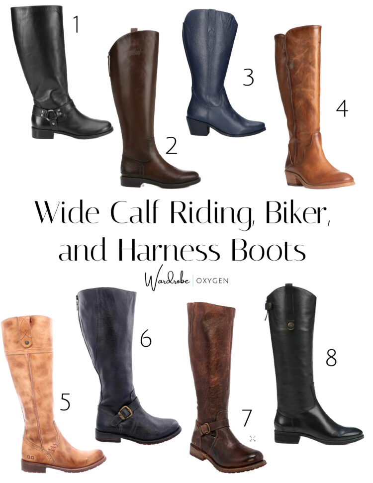 a collage of eight stylish wide calf riding boots, harness boots, and biker boots