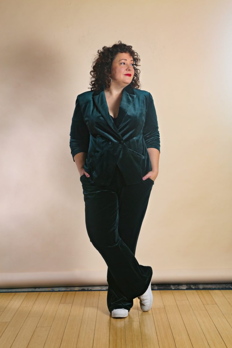 Universal Standard green velvet pantsuit as seen on Alison Gary of Wardrobe Oxygen