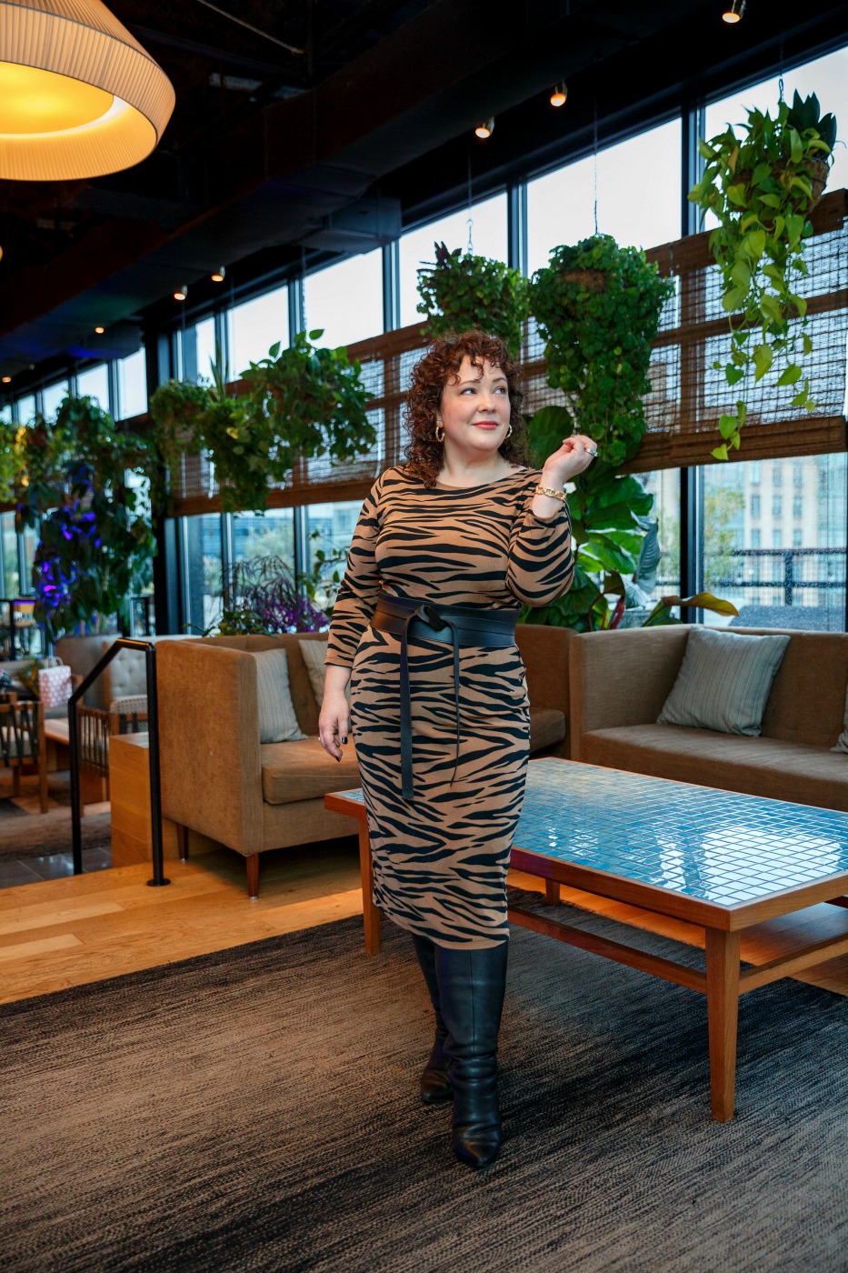 Wardrobe Oxygen in a tiger print belted dress from Chico's Safari Chic collection