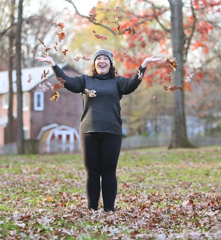 Alison Gary of Wardrobe Oxygen in a Chico's metallic turtleneck sweater and fleece leggings