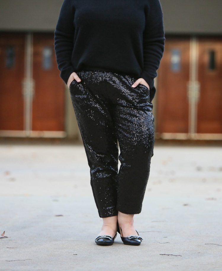 festive yet comfy outfit with sequin joggers from Chico's