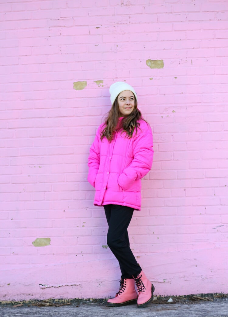 pink puffer coat