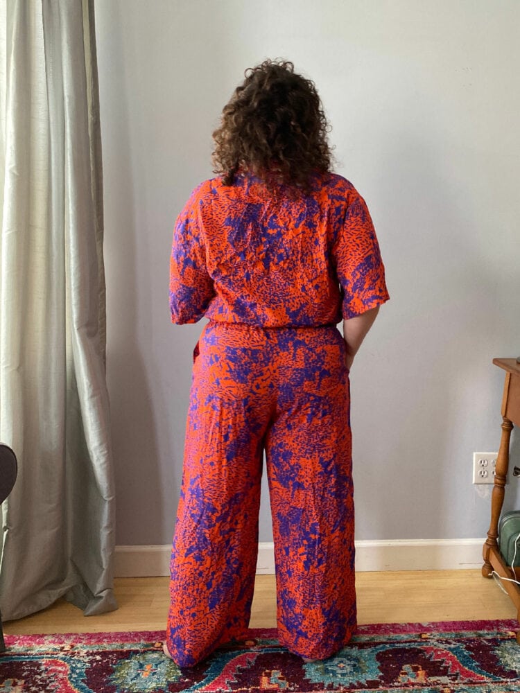 Backview of Alison Gary of Wardrobe Oxygen in The Kit NYC Issa jumpsuit