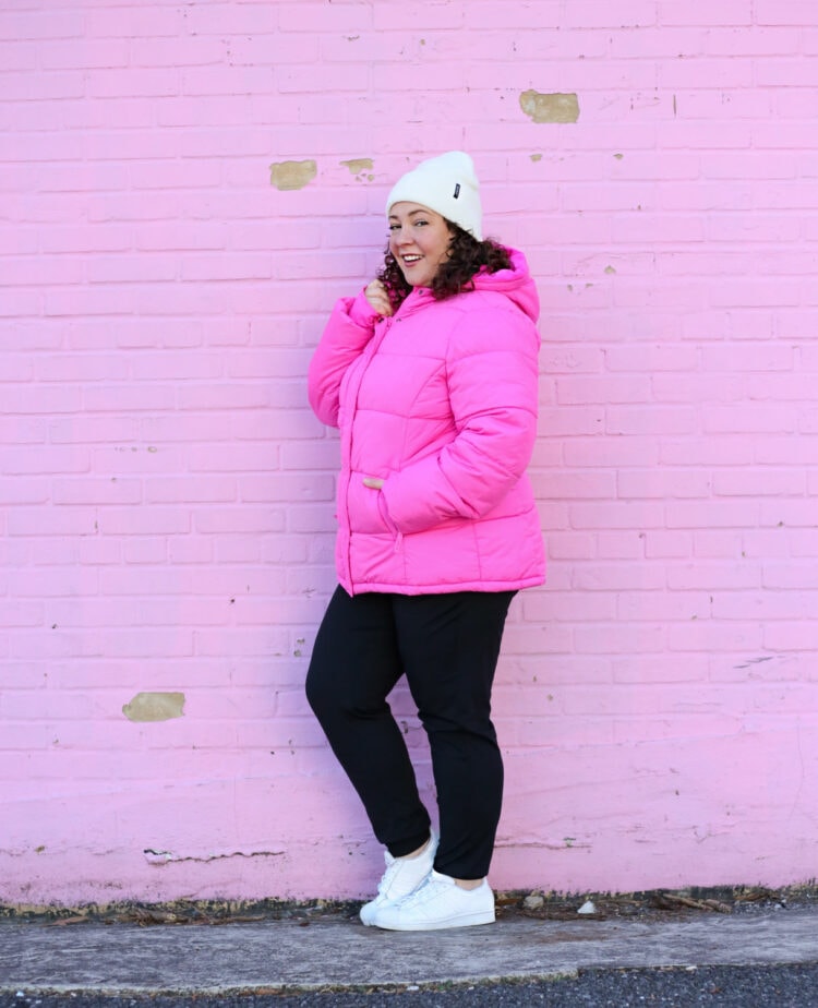 pink puffer coat