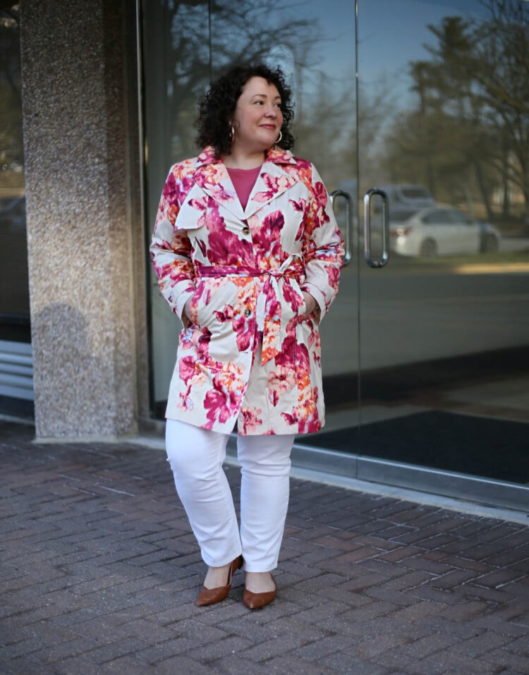 Chico's floral petite raincoat with white jeans