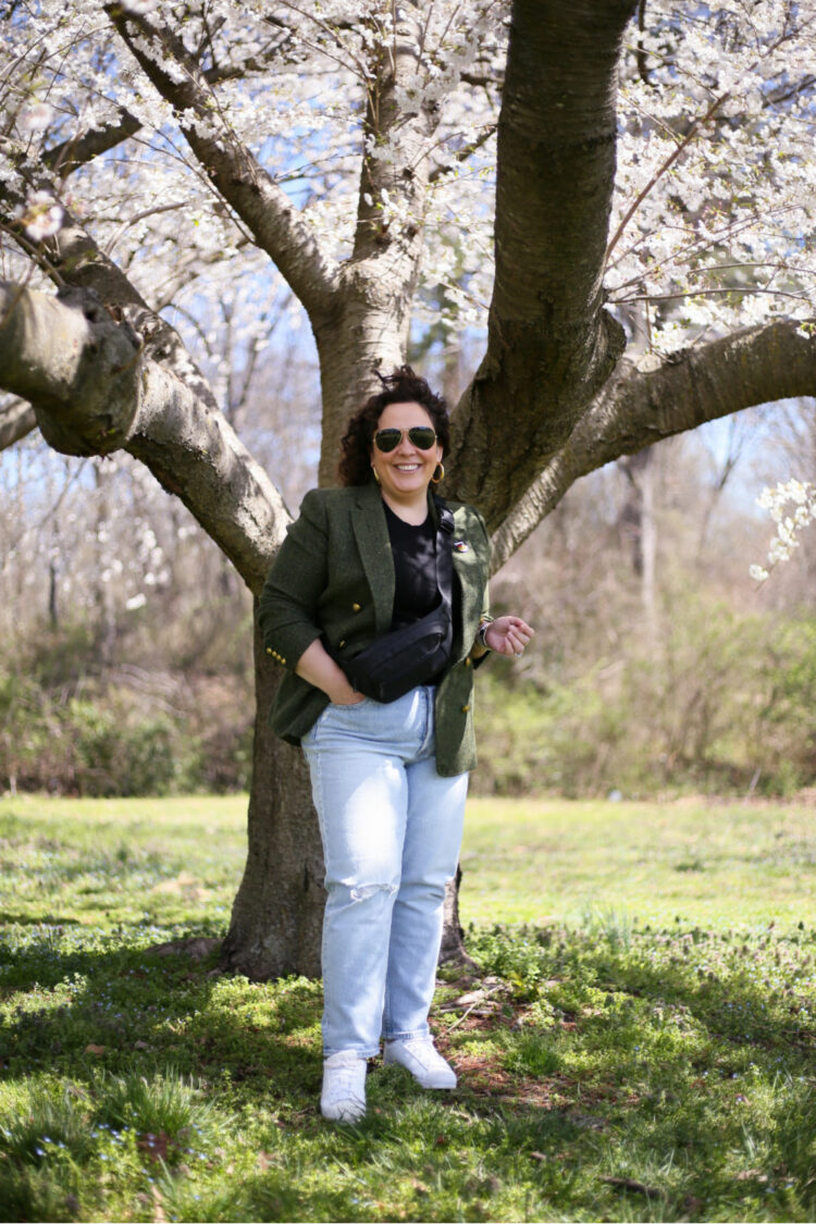 Green houndstooth double breasted blazer with faded Gap mom jeans as seen on Wardrobe Oxygen