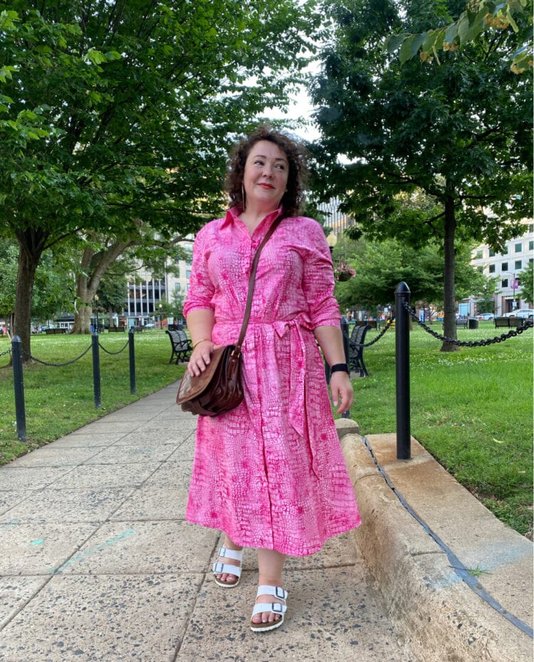 Alison Gary of Wardrobe Oxygen in a pink printed cotton shirtdress from Chico's