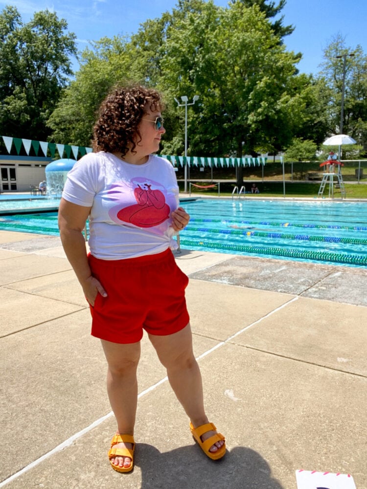 Wearing the Universal Standard Sunny shorts with a US x PP graphic t-shirt