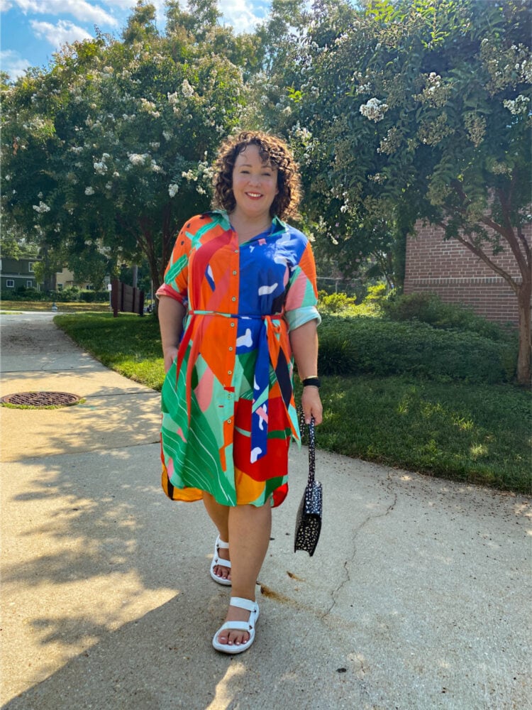 wardrobe oxygen in a dressed in joy shirtdress from the brand's resortwear collection