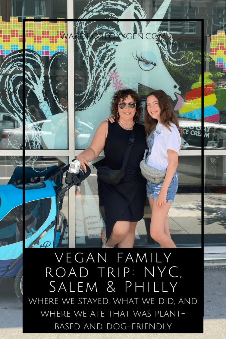 vegan family road trip by Wardrobe Oxygen. Photo is of Alison and her daughter standing in front of the restaurant big Gay Ice Cream in Philadelphia