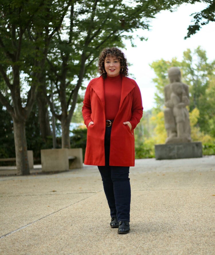 Chico's red sweater coat and mock neck on Wardrobe Oxygen