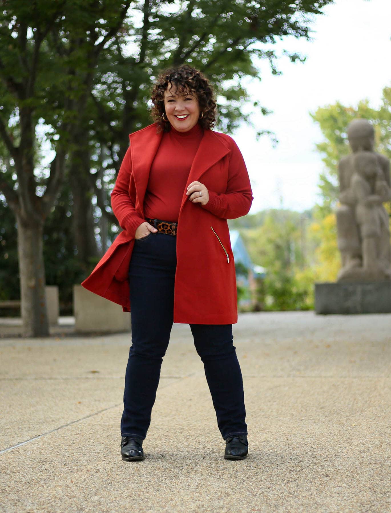 Chico's spiced red sweater coat on Wardrobe Oxygen