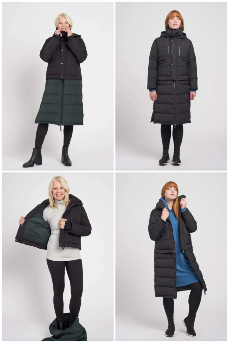 collage of four photos from the Universal Standard website of a model wearing the puffer coat